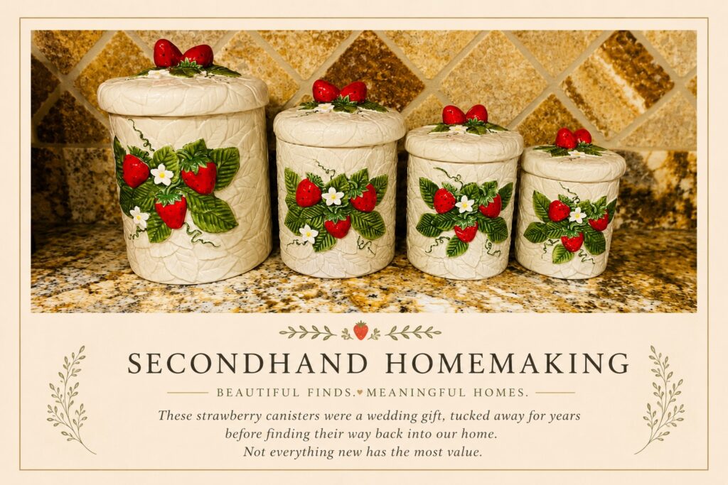 180bd863-2a68-4761-a8f9-1adba5a21aec-1024x683-1 Vintage strawberry canisters displayed in a kitchen as treasured decor collected over many years.