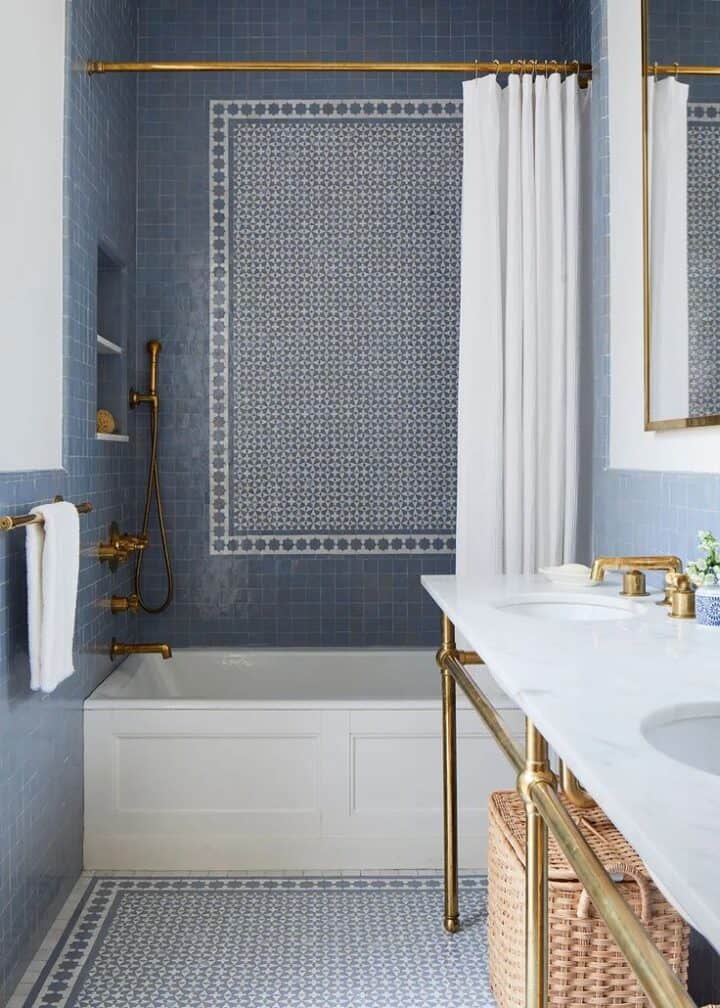 patterned-tile-in-bathroom-shower-and-floor-720x1008-1 bathtub shower combo tile ideas with pattern