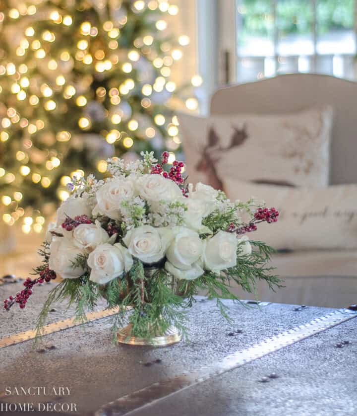 DIY Christmas flower arrangement with white roses